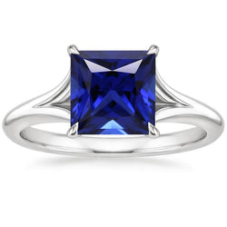 Anello solitario in oro bianco con zaffiro blu principessa con gambo diviso 5 carati