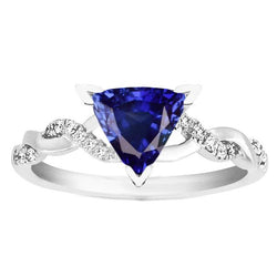 Anello stile intrecciato 2 carati trilioni V poli zaffiro blu e diamante in oro bianco 14 carati