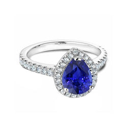 Anello taglio a pera con zaffiro blu e diamanti 3.50 carati in oro bianco