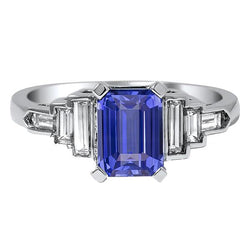 Anello zaffiro blu smeraldo diamante con accenti baguette 3 carati