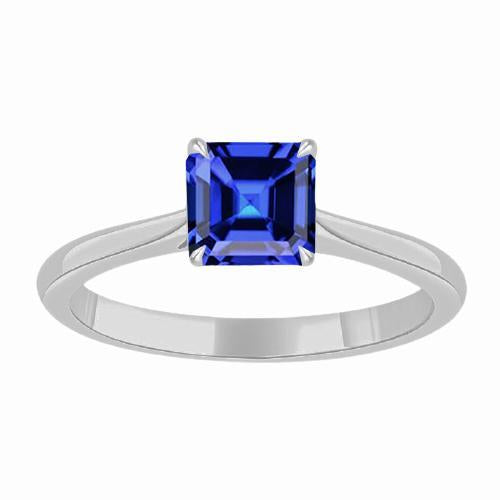 Asscher Anello Solitario Zaffiro Aquila Artiglio Rebbi Taglio Blu1.50 Ct Oro Bianco 14K
