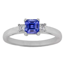 Asscher Sapphire 3 Stone Ring 1,50 carati Sparkling Princess Diamonds con 14K G bianco