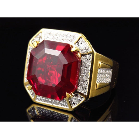 Asscher Rosso Anello Rubino da Uomo Con Diamanti 11 Carati Oro Giallo 14K - harrychadent.it