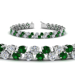 Bracciale tennis in oro bianco 14 carati con diamanti tondi smeraldo verde rotondo 10 carati