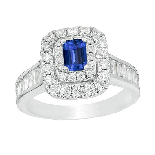 Ceylon Halo anello di diamanti con zaffiro rotondo e baguette accentata da 3 ct con oro bianco 14k