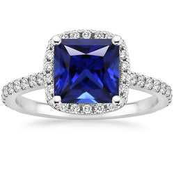 Ceylon Sapphire Halo Diamond Ring 6 carati Princess Cut con accenti