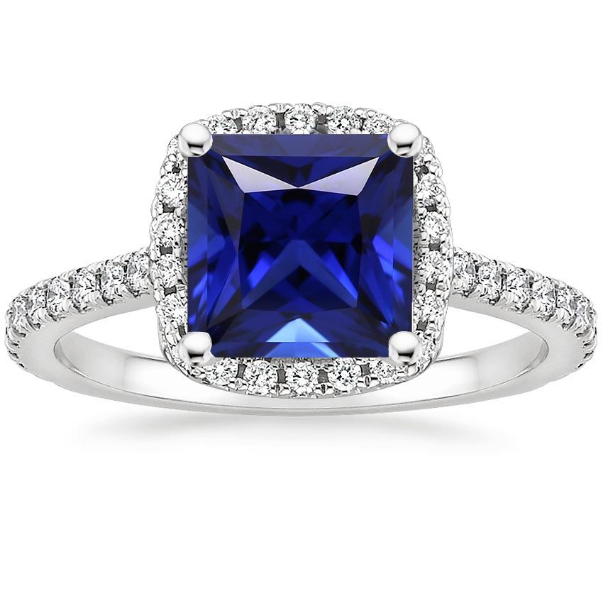 Ceylon Sapphire Halo Diamond Ring 6 carati Princess Cut con accenti - harrychadent.it