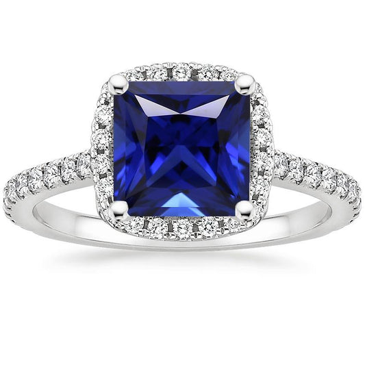 Ceylon Sapphire Halo Diamond Ring 6 carati Princess Cut con accenti - harrychadent.it