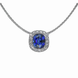 Ciondolo Halo Cushion con zaffiro Ceylon e diamanti tondi 2 carati