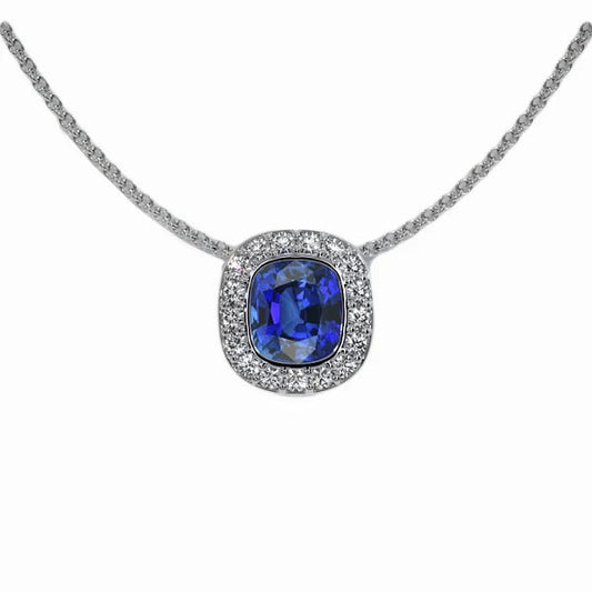 Ciondolo Halo Cushion con zaffiro Ceylon e diamanti tondi 2 carati - harrychadent.it