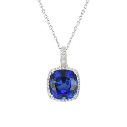 Ciondolo Halo Cushion con zaffiro blu e diamanti con catena 4 carati
