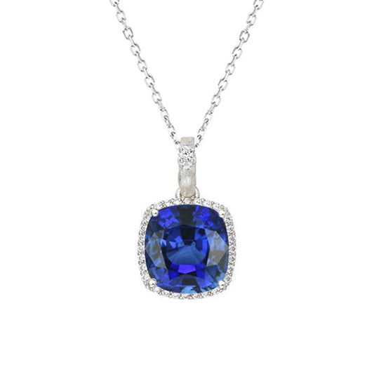 Ciondolo Halo Cushion con zaffiro blu e diamanti con catena 4 carati - harrychadent.it