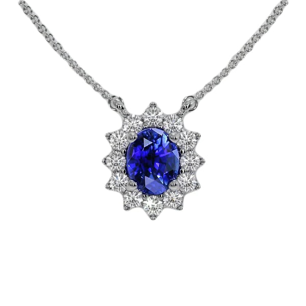 Ciondolo Halo Ovale Ceylon Sapphire & Diamond Flower Style 3,50 carati - harrychadent.it