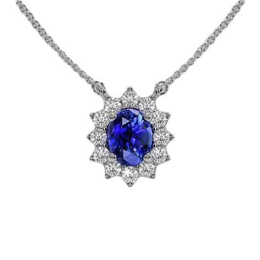Ciondolo Halo Ovale Ceylon Sapphire & Diamond Flower Style 3,50 carati - harrychadent.it