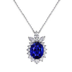 Ciondolo Halo Zaffiro Ceylon Ovale Rotondo & Diamante Marquise 2 Carati