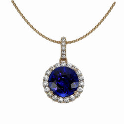 Ciondolo Halo con diamanti rotondi e zaffiri blu in oro giallo 3,50 carati