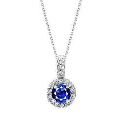 Ciondolo Halo con zaffiro blu rotondo e diamanti in oro bianco 14K 3 carati