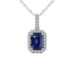 Ciondolo Halo con zaffiro blu smeraldo e diamanti tondi 3 carati