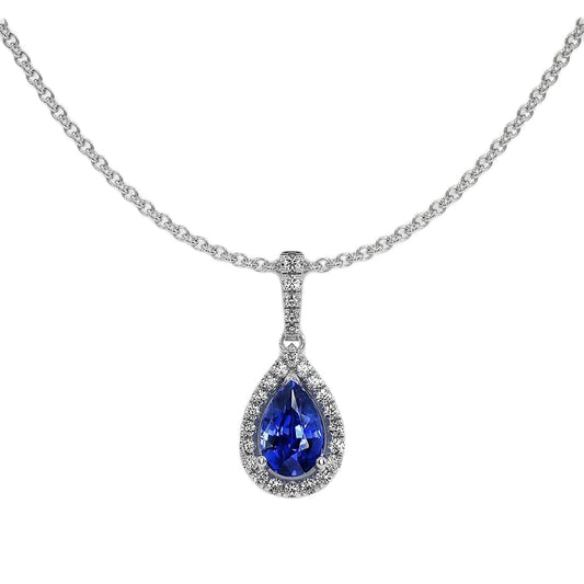 Ciondolo Halo in oro bianco con pera, zaffiro e collana di diamanti 2 carati - harrychadent.it
