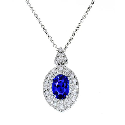 Ciondolo Halo in oro bianco zaffiro ovale dello Sri Lanka e diamante 2 carati - harrychadent.it