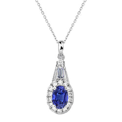 Ciondolo Halo ovale con zaffiro Ceylon rotondo e diamante smeraldo 2,75 carati