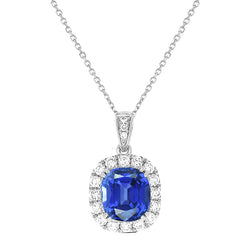 Ciondolo con zaffiro blu naturale e diamanti Halo Cushion 2,75 carati