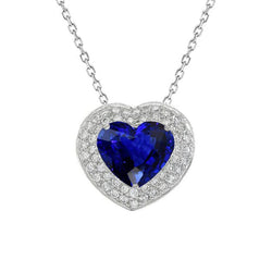 Ciondolo con zaffiro blu scuro a forma di cuore in oro 14K e diamanti 3,50 carati
