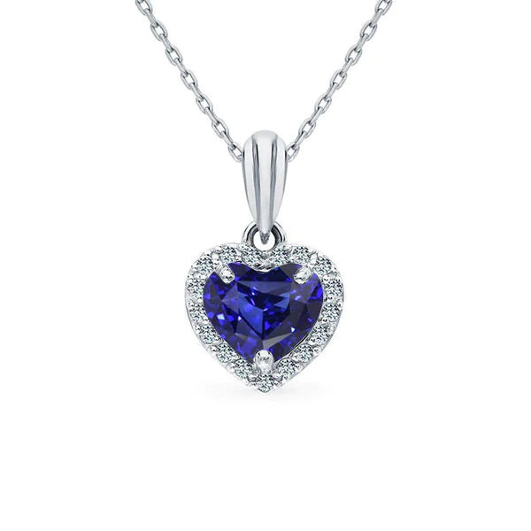 Ciondolo con zaffiro di Ceylon e diamante rotondo Halo Heart con catena 2 carati - harrychadent.it