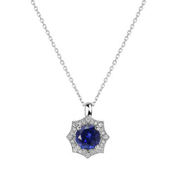 Ciondolo con zaffiro rotondo e diamanti Halo con collana a cauzione 1,25 carati