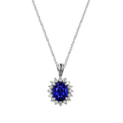 Ciondolo e catena con diamante rotondo e zaffiro ovale Ceylon Halo 1,50 carati