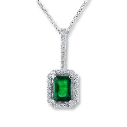 Ciondolo in pietra preziosa verde smeraldo e diamante con catena 8 carati WG 14K