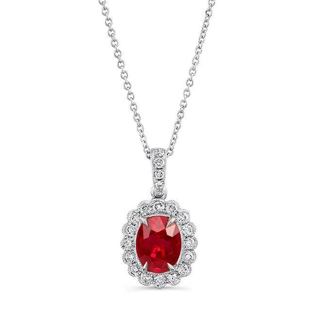 Ciondolo ovale per collana da donna con rubini rossi e diamanti con artigli d'aquila 3,30 ct