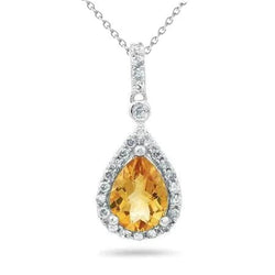 Citrino 20 Carati Con Diamanti Ciondolo Con Catena Oro Bianco 14K