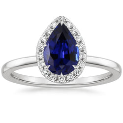 Classic Halo Diamond Ring Pera Zaffiro Centro Oro 14K 6.75 Carati