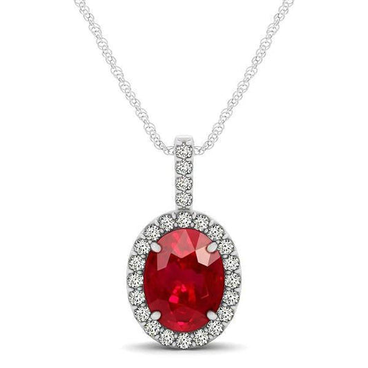 Collana Pendente Con Catena 4.50 Ct. Rubino E Diamanti Oro Bianco 14K - harrychadent.it