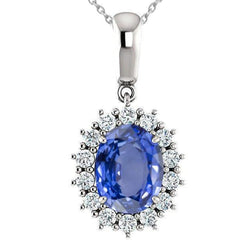 Collana Pendente Con Zaffiro Blu Ceylon Carati 3.90 e Diamanti WG in Oro Bianco 14 Carati