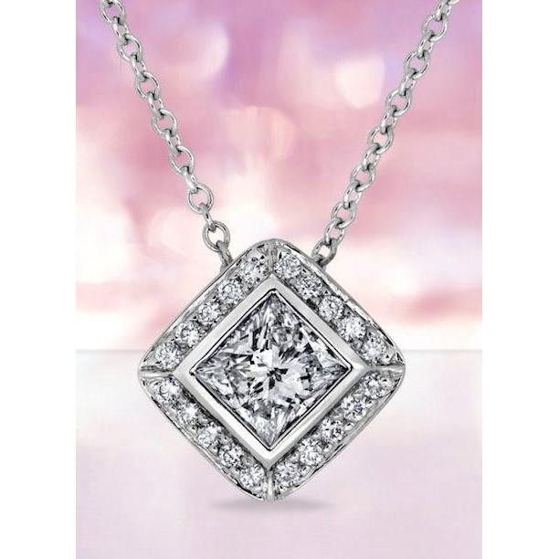 Principessa e aureola rotonda 4 ct. Pendente per collana di diamanti in oro bianco 14K - harrychadent.it