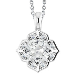 Collana a sospensione in stile fiore con ovale a 6 carati e diamante rotondo in oro bianco da 14 carati