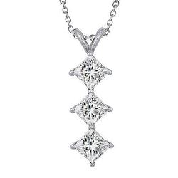 Collana con ciondolo 3 carati diamante taglio Princess con tre pietre WG in oro bianco 14K