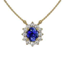 Collana con ciondolo Halo con zaffiro blu ovale e diamanti rotondi 3,50 carati