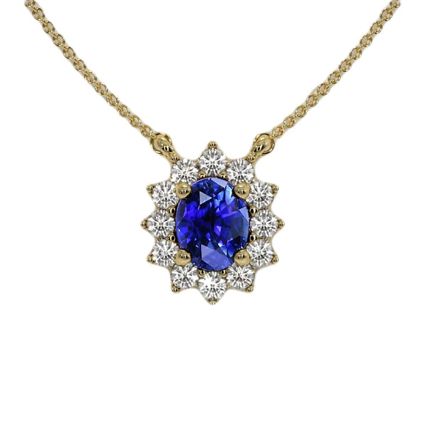 Collana con ciondolo Halo con zaffiro blu ovale e diamanti rotondi 3,50 carati - harrychadent.it