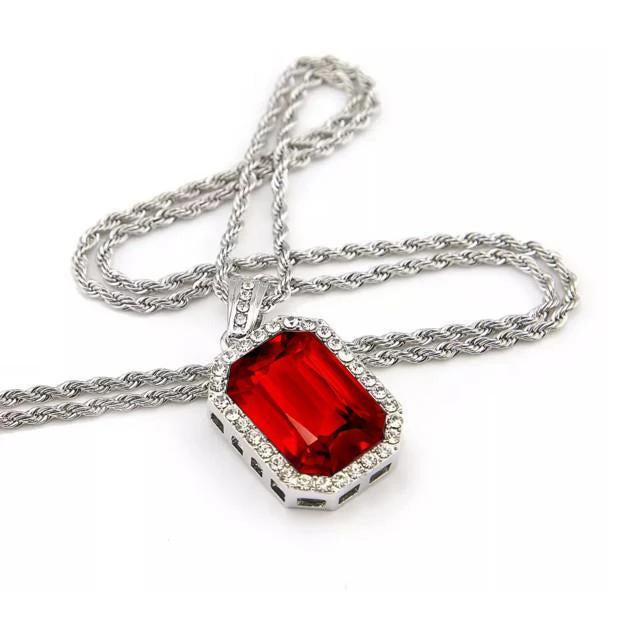 Collana con ciondolo con diamanti rotondi e taglio radiante rosso rubino 7.35 ct. WG 14K - harrychadent.it