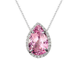 Collana con ciondolo da donna con kunzite rosa e diamanti 37 ct. Oro bianco 14K