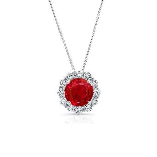 Collana con ciondolo in oro bianco con diamanti taglio rotondo e rubino rosso. 2.25 carati. 14K - harrychadent.it