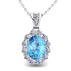 Collana con ciondolo in pietra preziosa aureola con topazio blu e diamanti 10,90 ct. WG 14K