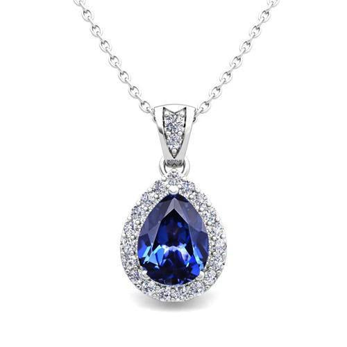 Collana con ciondolo in zaffiro di Ceylon con taglio a goccia e diamante 2,25 ct WG 14K - harrychadent.it