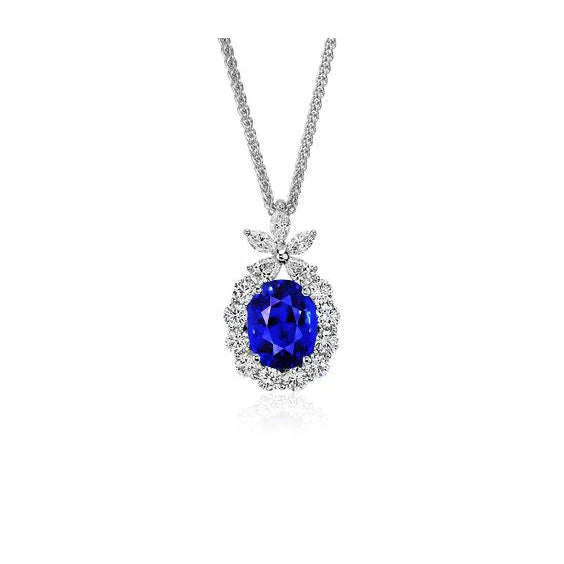 Collana con pendente Halo con zaffiro blu ovale e diamanti rotondi 2 carati - harrychadent.it