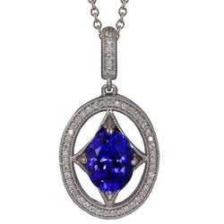 Collana con pendente in oro bianco 14K . con tanzanite blu e diamanti 3.00 ct