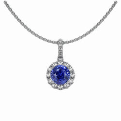 Collana con pendente in zaffiro blu rotondo da 2 carati e diamanti in oro 14K