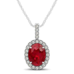 Collana con pendente ovale con rubini e diamanti, oro bianco 9,10 ct 14K